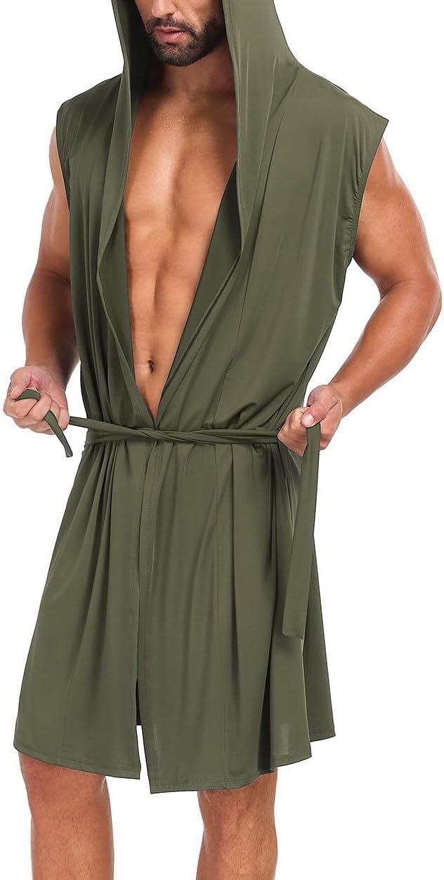 Men's Summer Robe with Hooded Lightweight Bathrobe House Kimono Sleeveless Sexy Sleepwear Pajamas