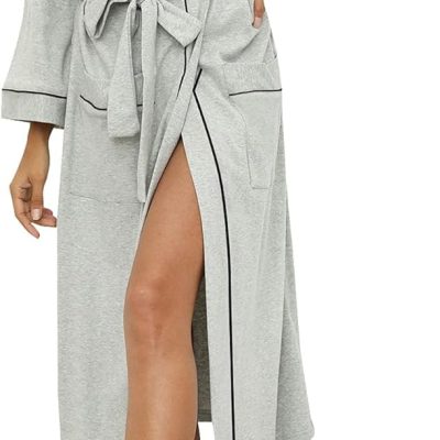 Womens Cotton Robe, Soft Kimono Spa Knit Long Bathrobe Lightweight Loungewear