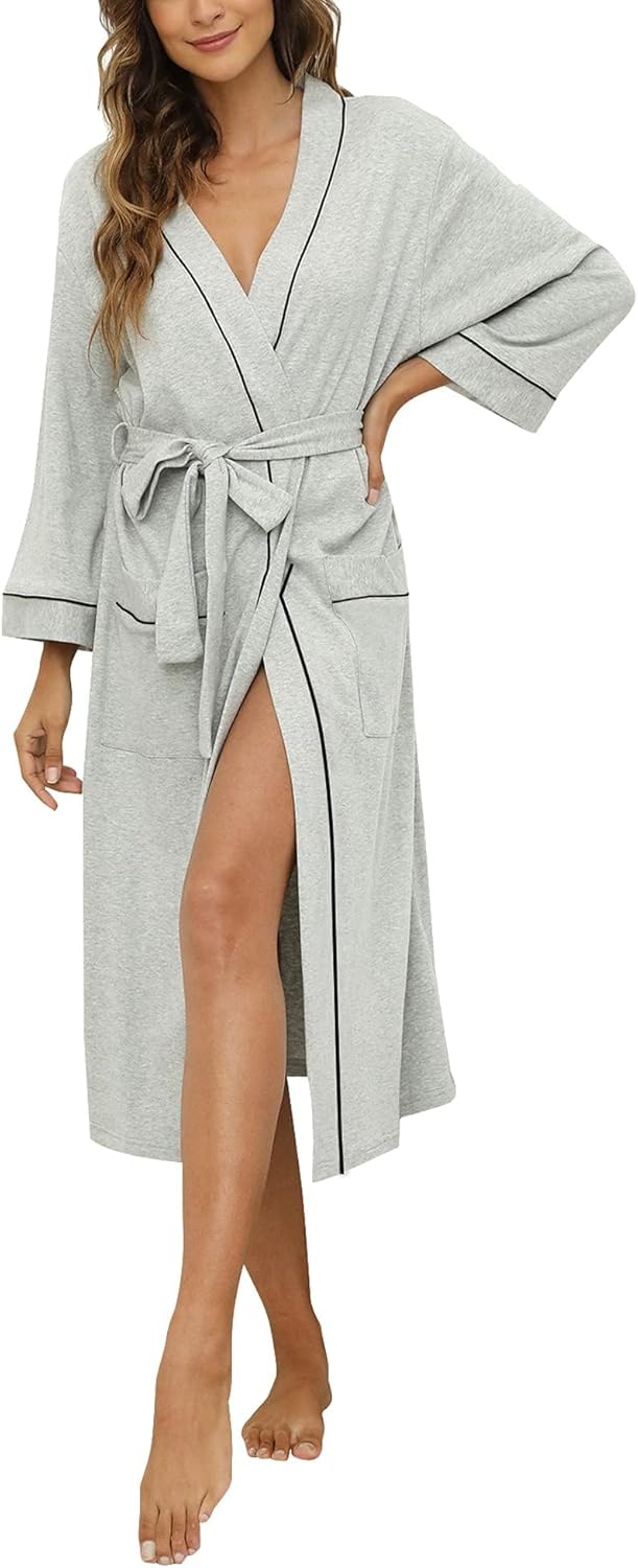 Womens Cotton Robe, Soft Kimono Spa Knit Long Bathrobe Lightweight Loungewear