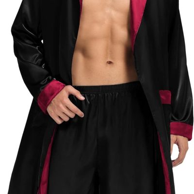 Men's Satin Robe with Shorts Set Silky Kimono Bathrobe Lightweight Soft Sleepwear