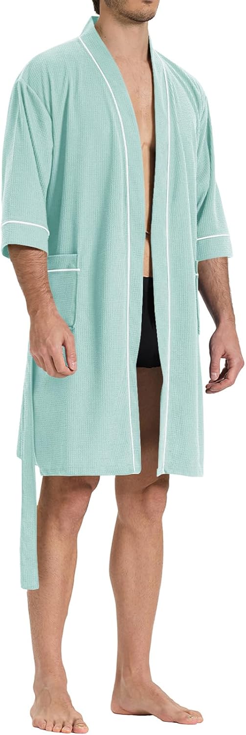Men's Waffle Knit Robe for Summer, Short Lightweight Bathrobe with Pockets and Kimono, 3/4 Sleeves Loungewear for Spa - Image 2