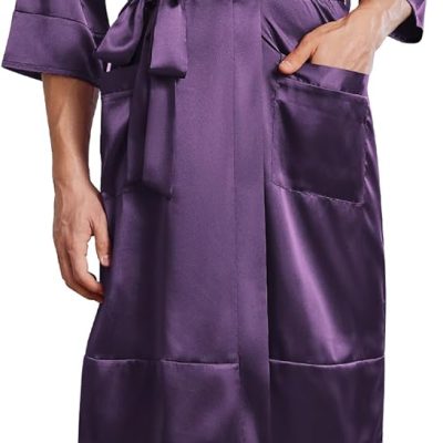 Mens Satin Robe Lightweight Silky Kimono Bathrobe 3/4 Sleeve Spa Knee Length Loungewear with Pockets S-3XL