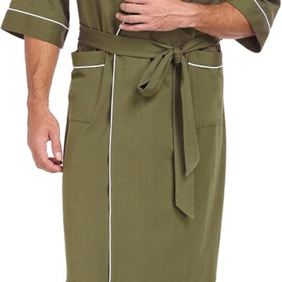 100% Cotton Men's Lightweight Robe Summer Short Sleeve Bathrobe Soft Knee Length Robe with Pockets