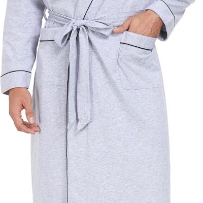 Men's 100% Cotton Robes Lightweight Long Sleeve Kimono Bathrobe Soft Over the Knee Sleepwear