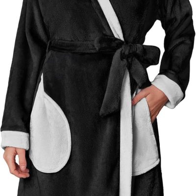 Women's Robes Knee Length Hooded Bathrobe Cute House Coats with Pockets S-XXL