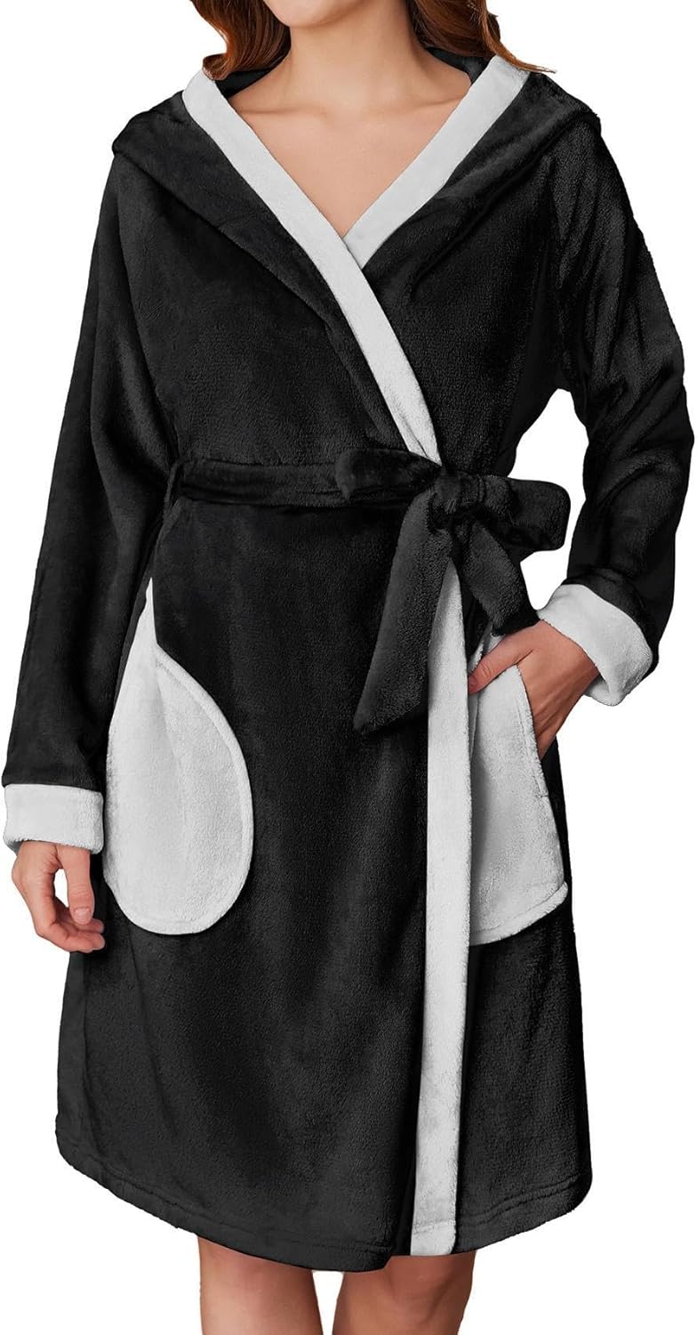 Women's Robes Knee Length Hooded Bathrobe Cute House Coats with Pockets S-XXL