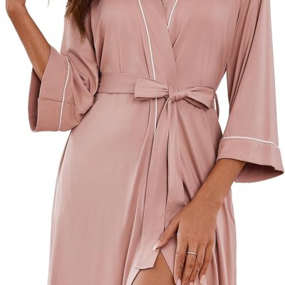 Women Kimono Robes Knee Length Knit Bathrobe Lightweight Soft Sleepwear V-neck Casual Ladies Loungewear