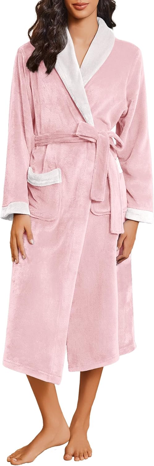 Robes for Women Soft Long Bathrobe Lightweight Fleece Shawl Collar Spa Robe Cozy Sleepwear with Pockets S-XXL