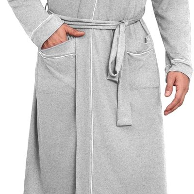 Mens Robes Lightweight Knit Bathrobe Long Sleeve Kimono Robe V Neck Spa Knee Length Sleepwear with Pockets S-XXL