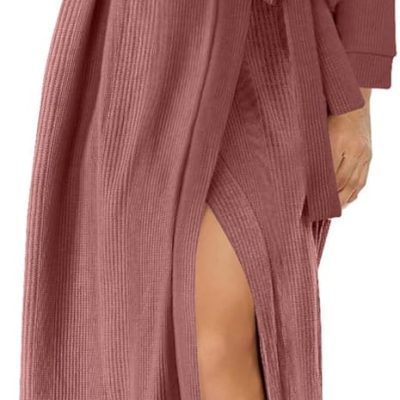 Waffle Robes for Women Long Knit Bathrobe Lightweight Kimono Spa Robe Soft Loungewear with Pockets S-XXL