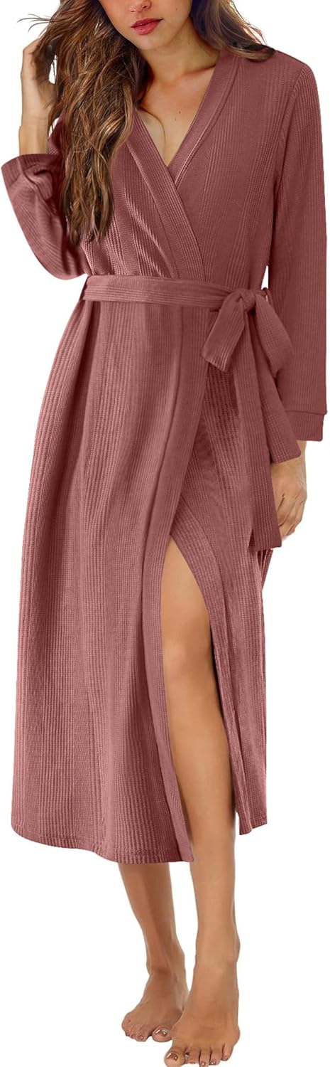 Waffle Robes for Women Long Knit Bathrobe Lightweight Kimono Spa Robe Soft Loungewear with Pockets S-XXL
