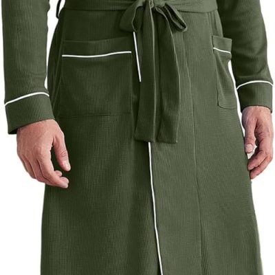Mens Robes Lightweight Waffle Knit Kimono Bathrobe Long Sleeve Sleepwear Soft Knee Length Robe with Pockets S-3XL