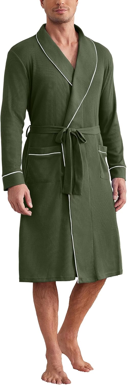 Mens Robes Lightweight Waffle Knit Kimono Bathrobe Long Sleeve Sleepwear Soft Knee Length Robe with Pockets S-3XL
