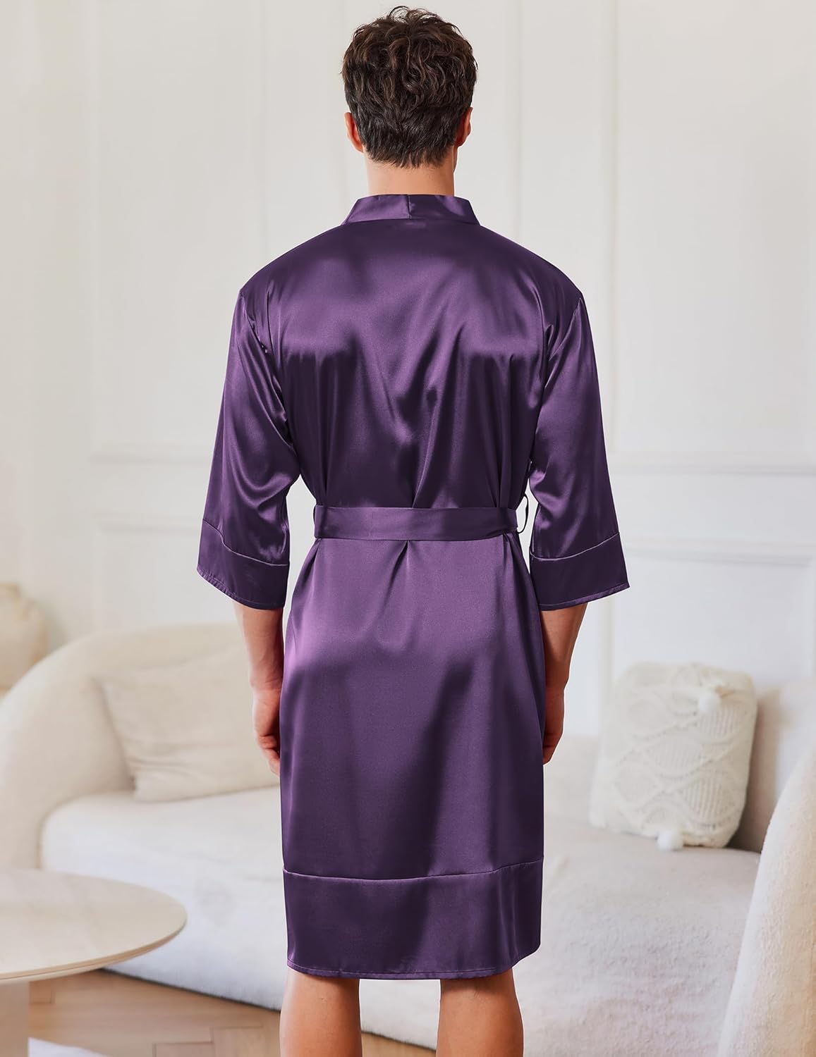 Mens Satin Robe Lightweight Silky Kimono Bathrobe 3/4 Sleeve Spa Knee Length Loungewear with Pockets S-3XL - Image 2