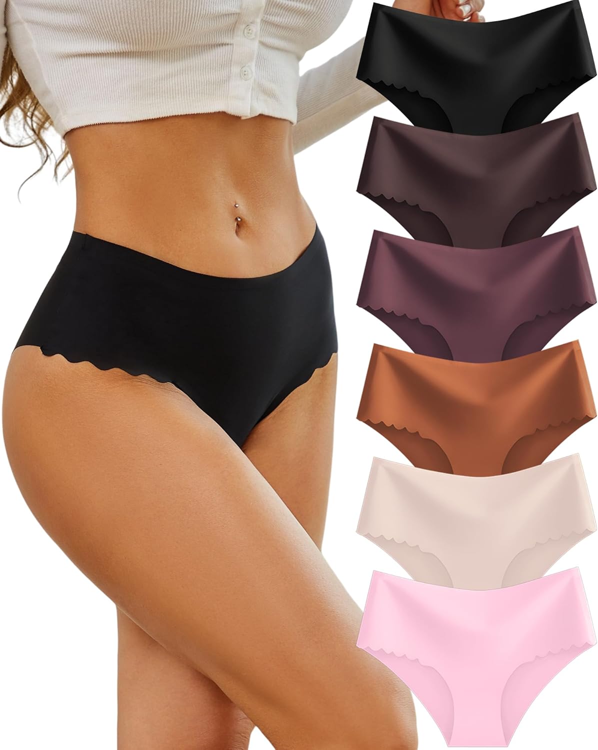 High Waisted Seamless Underwear for Women No Show Panties Scalloped Edge Bikini Breathable Briefs 6 Pack