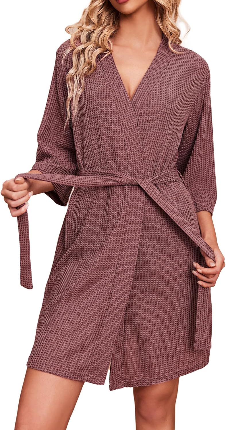 Robes for Women Waffle Knit Bathrobe Soft Lightweight Knee Length Loungewear S-XXL