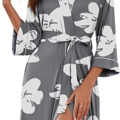 Women Kimono Robes Knee Length Knit Bathrobe Lightweight Soft Sleepwear V-neck Casual Ladies Loungewear