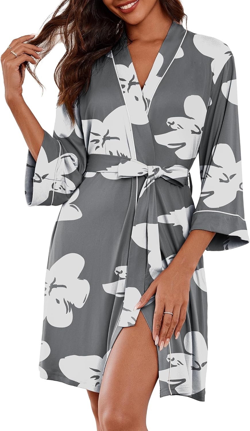 Women Kimono Robes Knee Length Knit Bathrobe Lightweight Soft Sleepwear V-neck Casual Ladies Loungewear