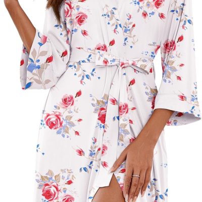 Women Kimono Robes Knee Length Knit Bathrobe Lightweight Soft Sleepwear V-neck Casual Ladies Loungewear