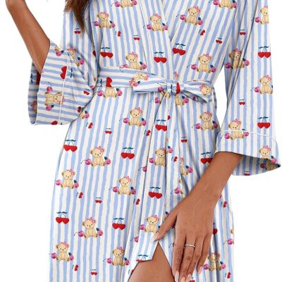 Women Kimono Robes Knee Length Knit Bathrobe Lightweight Soft Sleepwear V-neck Casual Ladies Loungewear