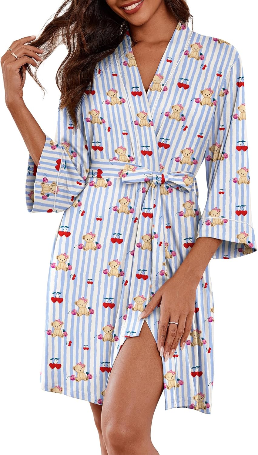 Women Kimono Robes Knee Length Knit Bathrobe Lightweight Soft Sleepwear V-neck Casual Ladies Loungewear