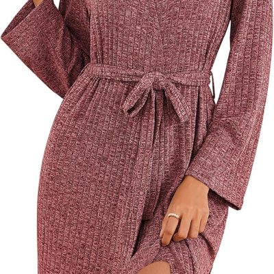 Robe for Women Ribbed Knit Bathrobe Soft Knee Length Kimono Robes Ladies Sleepwear with Pockets S-XXL