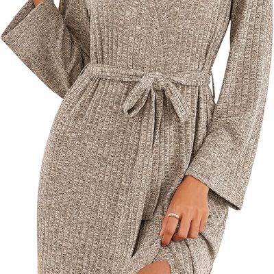 Robe for Women Ribbed Knit Bathrobe Soft Knee Length Kimono Robes Ladies Sleepwear with Pockets S-XXL