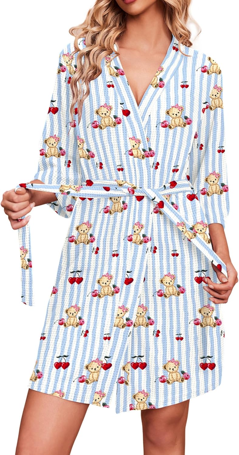 Robes for Women Waffle Knit Bathrobe Soft Lightweight Knee Length Loungewear S-XXL