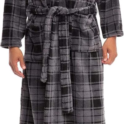 Mens Robe with Hood, Plush Fleece Hooded Mens Bathrobe, Big and Tall Bath Robe for Men