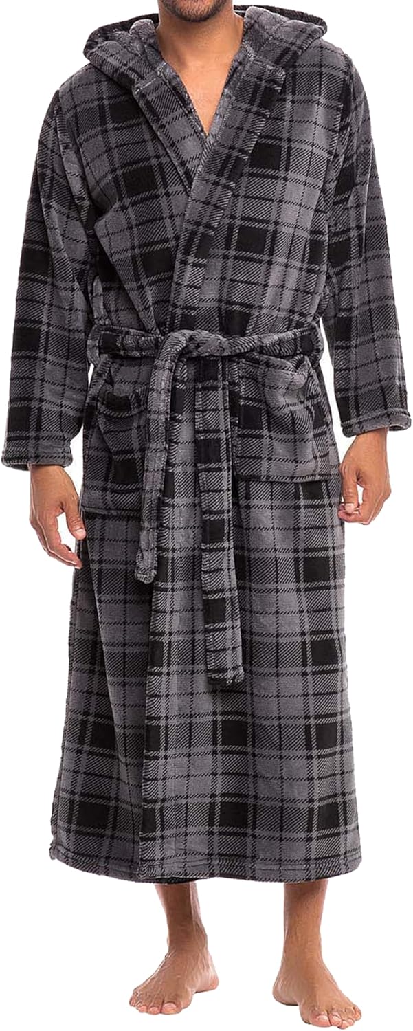 Mens Robe with Hood, Plush Fleece Hooded Mens Bathrobe, Big and Tall Bath Robe for Men