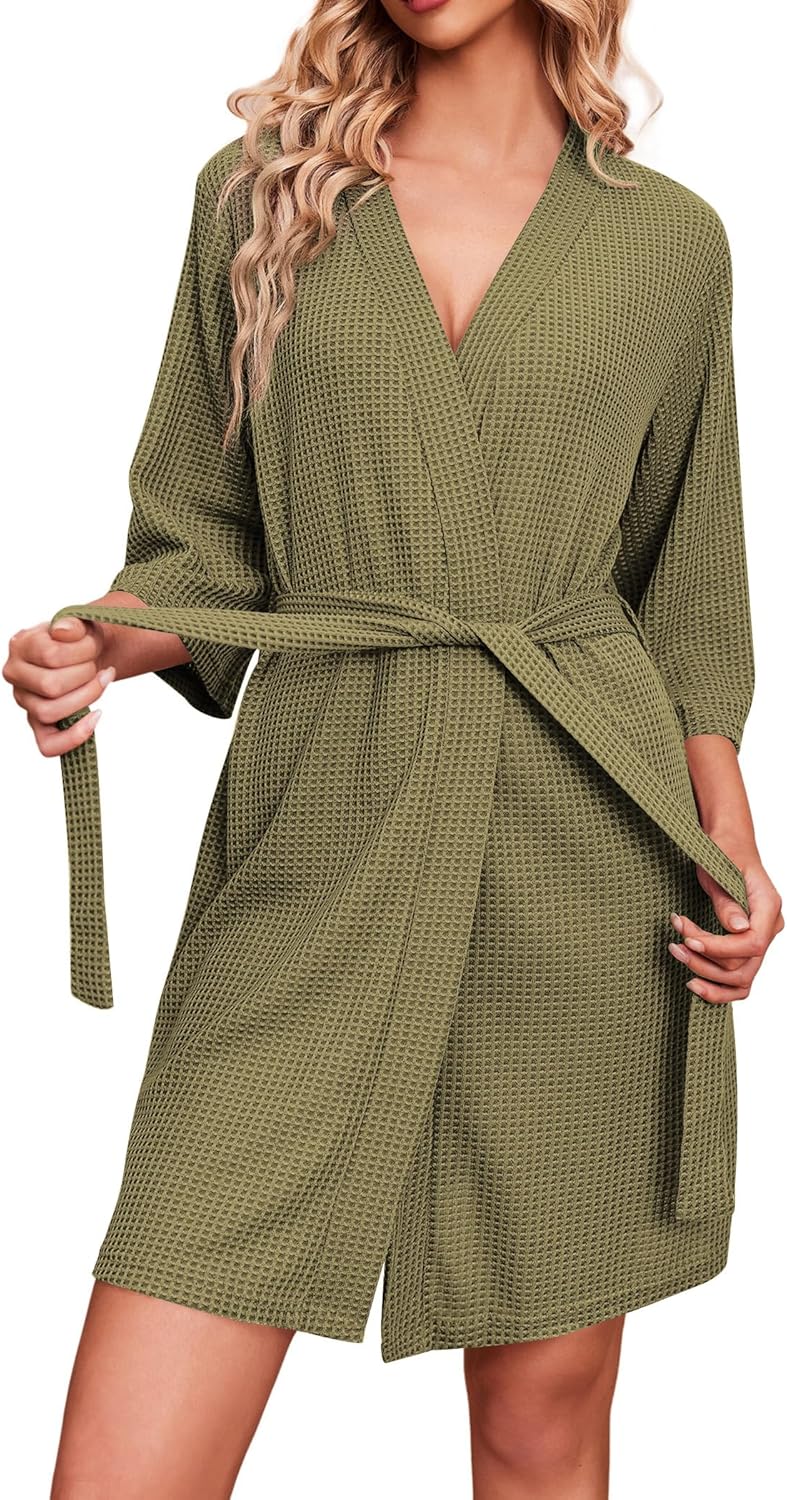 Robes for Women Waffle Knit Bathrobe Soft Lightweight Knee Length Loungewear S-XXL