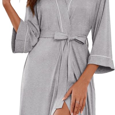 Women Kimono Robes Knee Length Knit Bathrobe Lightweight Soft Sleepwear V-neck Casual Ladies Loungewear