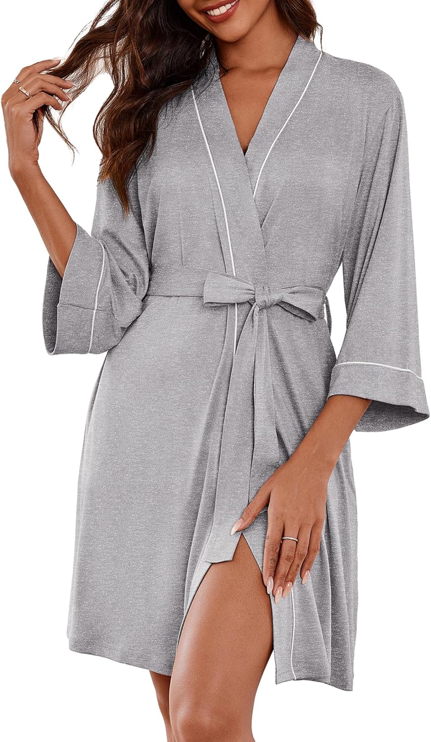 Women Kimono Robes Knee Length Knit Bathrobe Lightweight Soft Sleepwear V-neck Casual Ladies Loungewear